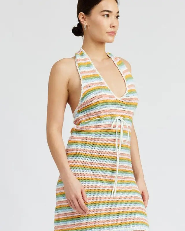 STRIPED CROCHET MINI DRESS WTIH HALTER NECK