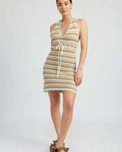 STRIPED CROCHET MINI DRESS WTIH HALTER NECK