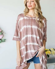 STRIPED TIE DYE ROUND NECK TUNIC - MOCHA / S/M