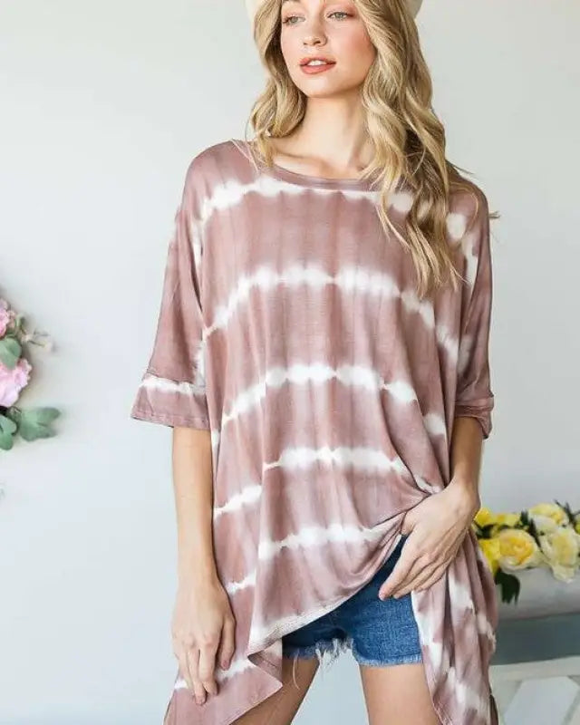 STRIPED TIE DYE ROUND NECK TUNIC - MOCHA / S/M