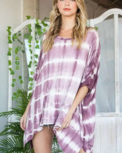 STRIPED TIE DYE ROUND NECK TUNIC - PLUM / S/M