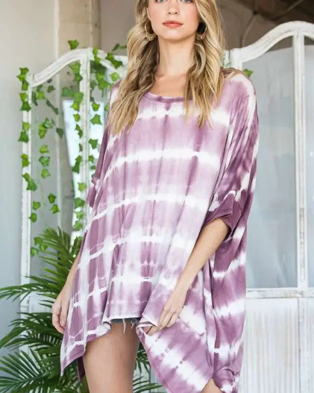 STRIPED TIE DYE ROUND NECK TUNIC - PLUM / S/M