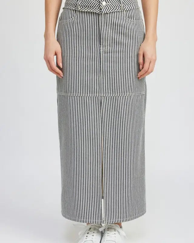 Striped Twill Maxi Skirt With Slit