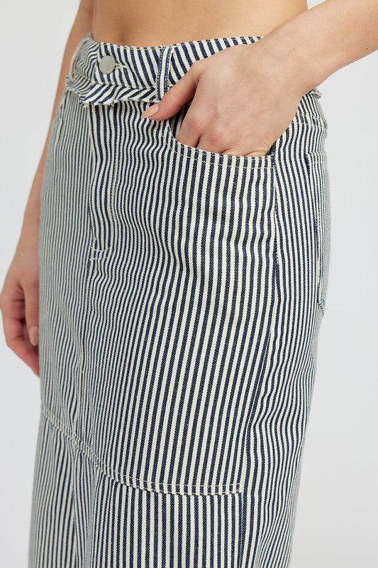 Striped Twill Maxi Skirt With Slit