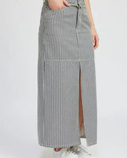 Striped Twill Maxi Skirt With Slit