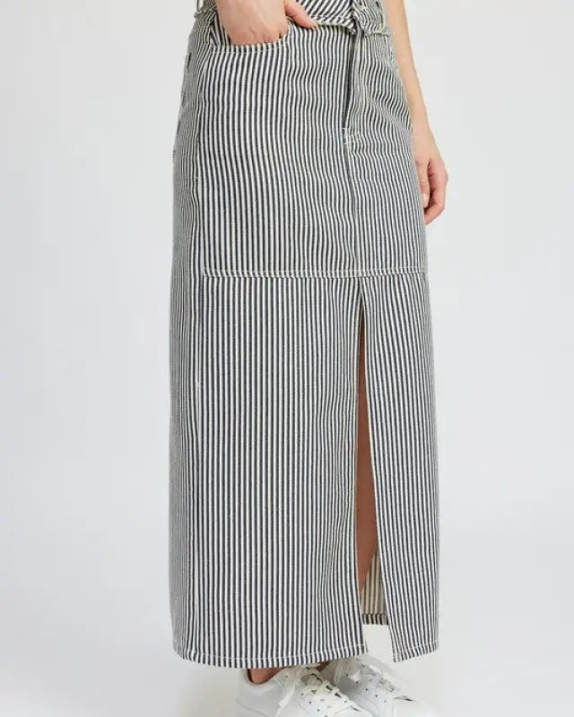 Striped Twill Maxi Skirt With Slit