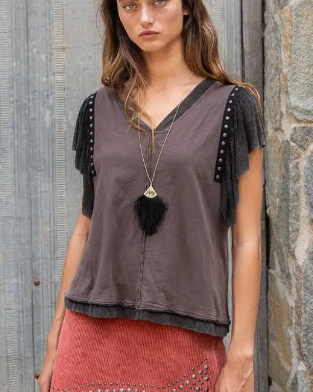 Studded Flutter Sleeve T-shirt