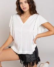 Studded Flutter Sleeve T-shirt - OFF WHITE / S