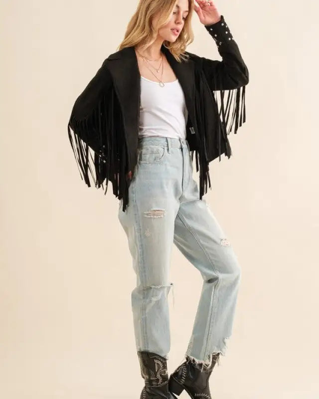 Studded Fringe Open Western Jacket