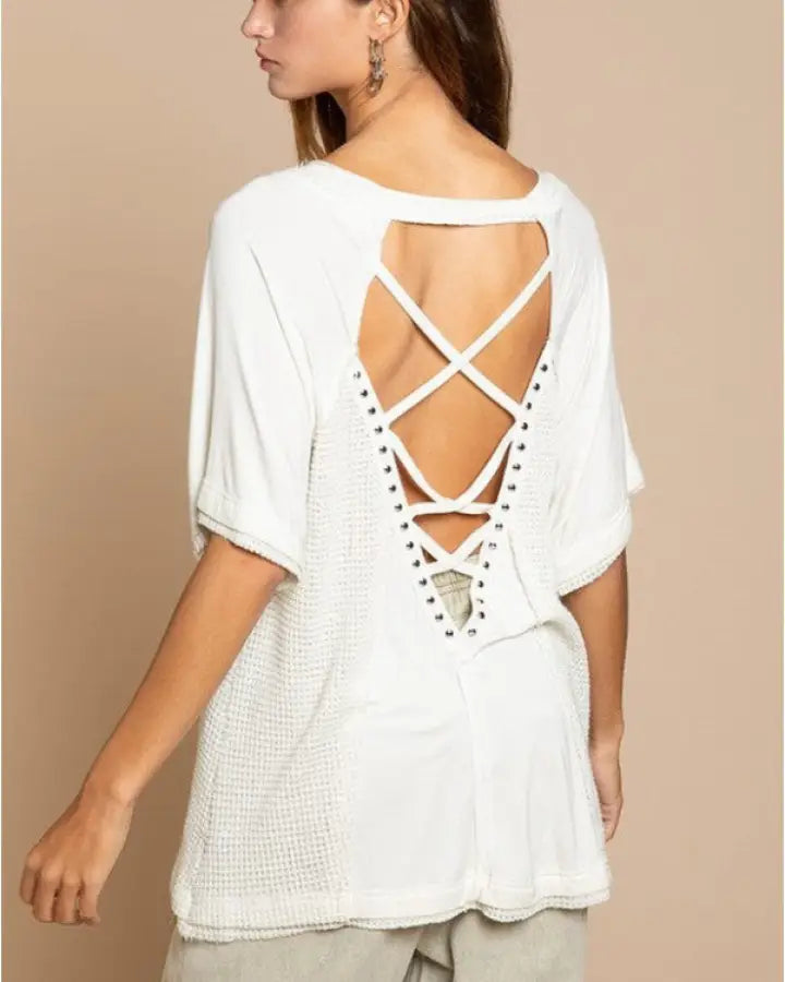 Studded Strappy Back Waffle Mixed Knit Top