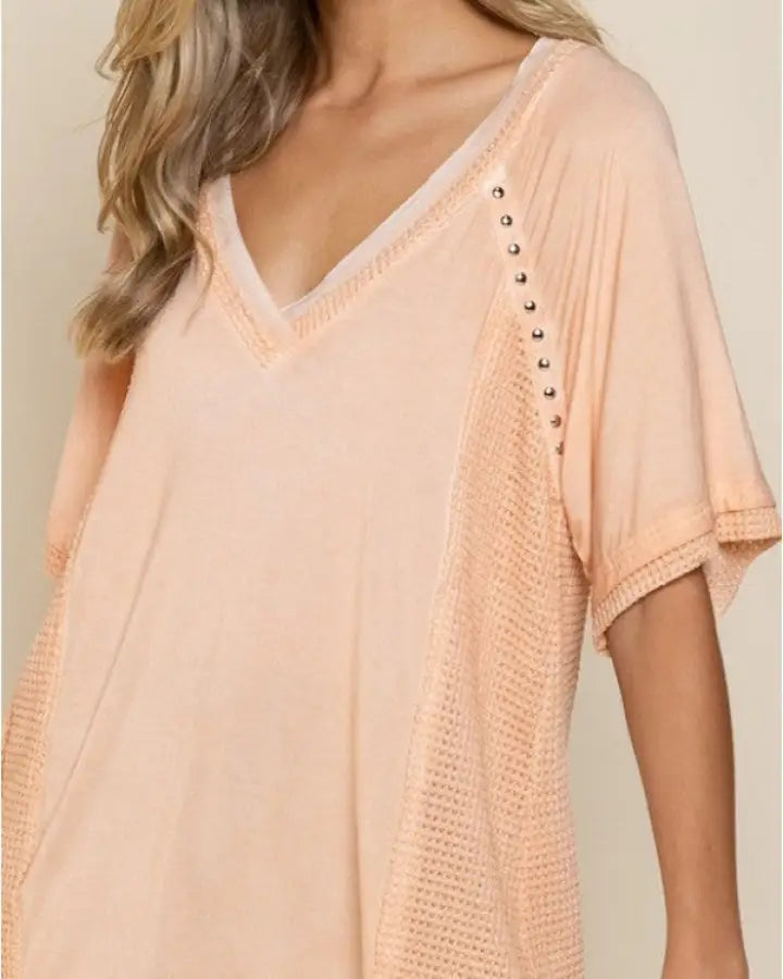 Studded Strappy Back Waffle Mixed Knit Top