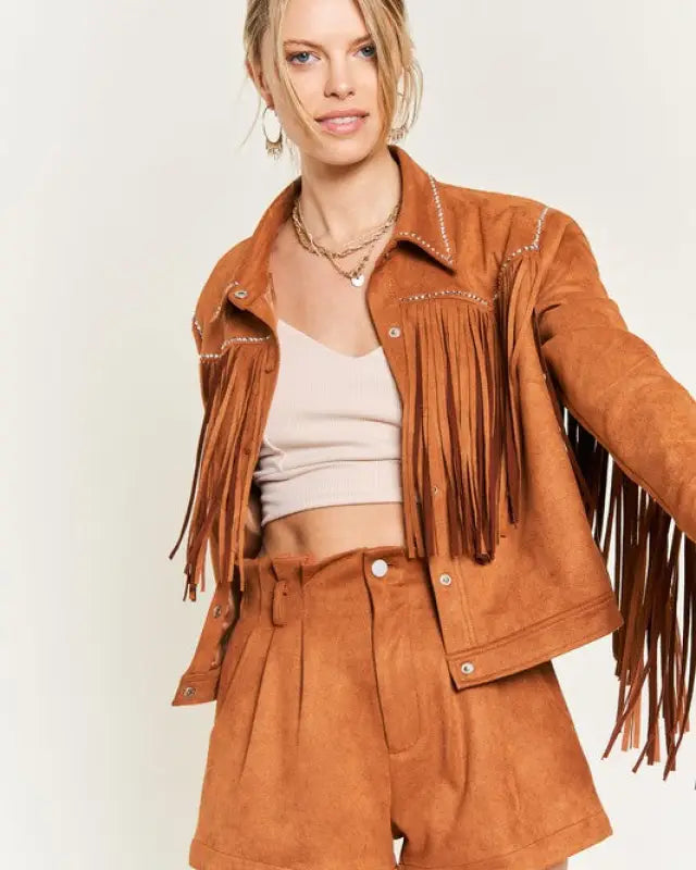 Suede studded fringe jacket JJO5009 - Camel / S - Rings