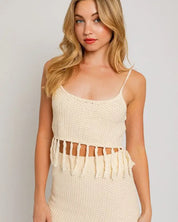 Tassel Detail Spaghetti Sweater Crop Top - CREAM / XS