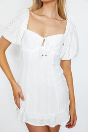 Textured Eyelet Puff Sleeved Mini Dress - Dresses