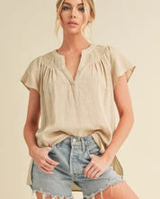 Thia Embroidered Short Sleeve Top - NATURAL / S