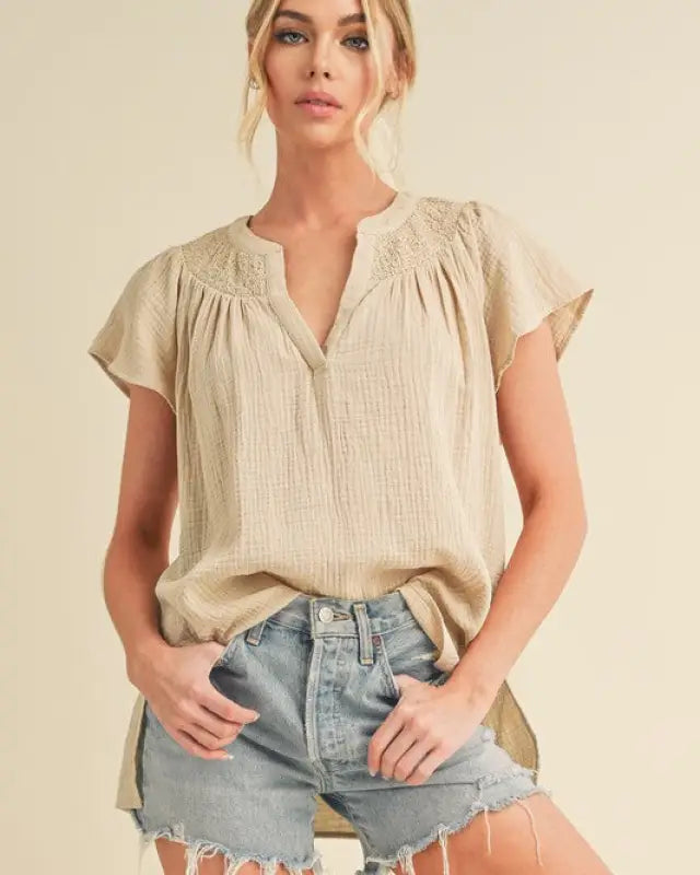 Thia Embroidered Short Sleeve Top - NATURAL / S