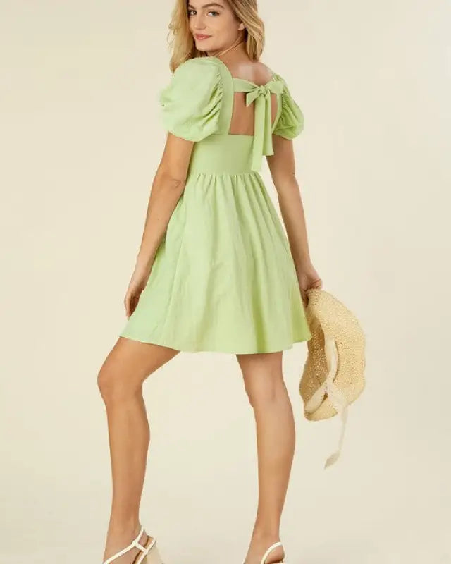 Tie back dress with puff sleeves - Green / S