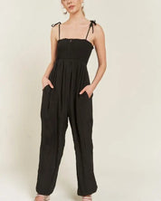 SMOCKED TIE STRAP JUMPSUIT