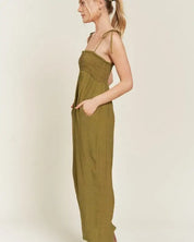 SMOCKED TIE STRAP JUMPSUIT