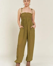 SMOCKED TIE STRAP JUMPSUIT - OLIVE / 1X