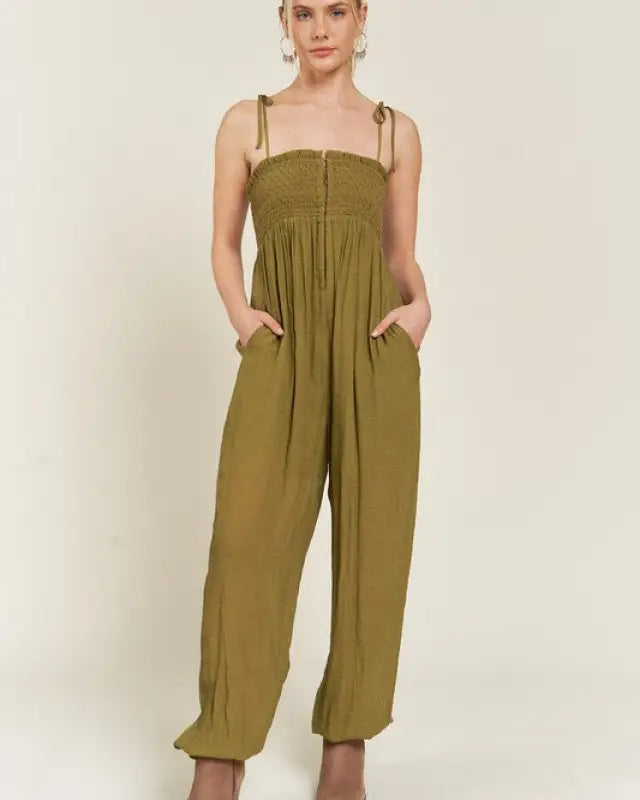 SMOCKED TIE STRAP JUMPSUIT - OLIVE / 1X