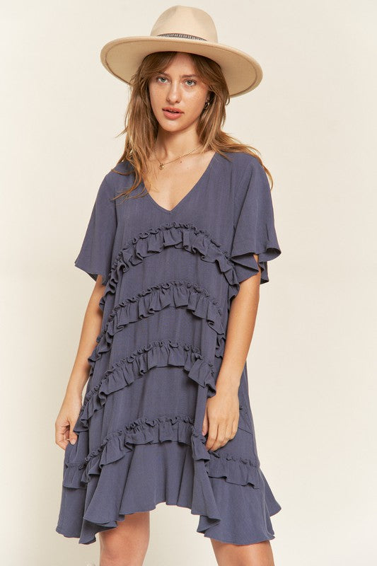 TIERED RUFFLE MINI DRESS - cement / S