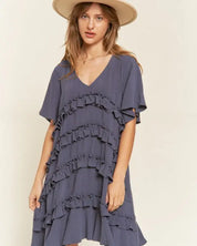 TIERED RUFFLE MINI DRESS - cement / S