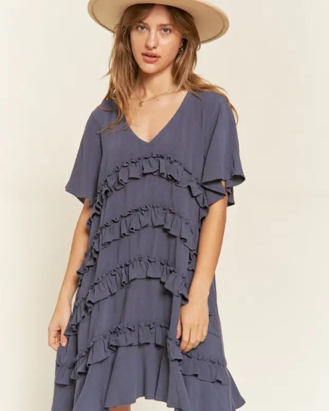 TIERED RUFFLE MINI DRESS - cement / S