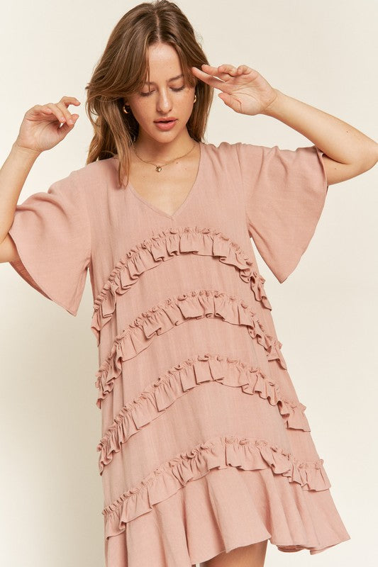 TIERED RUFFLE MINI DRESS - l. mauve / S