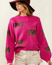 Tiger Pattern Sweater - FUCHSIA / XL