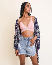 Tropical Leaves Draped Sleeve Kimono