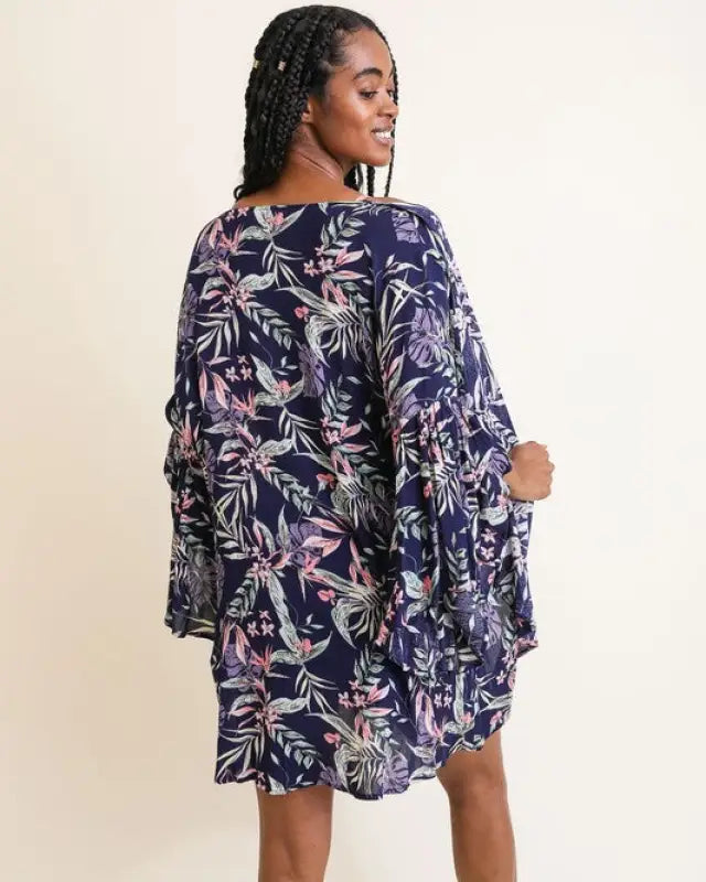 Tropical Leaves Draped Sleeve Kimono