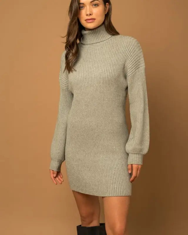 Turtle Neck Balloon Sleeve Sweater Dress