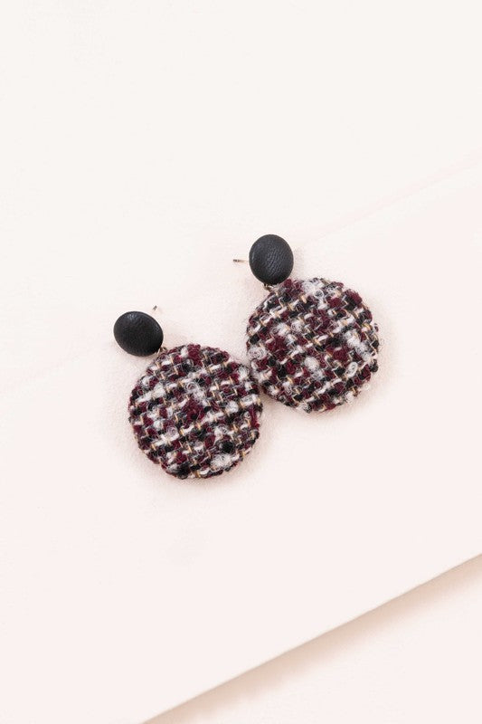 Tweed Button Earrings - Burgundy / OS