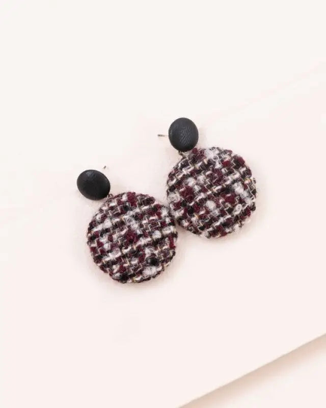 Tweed Button Earrings - Burgundy / OS