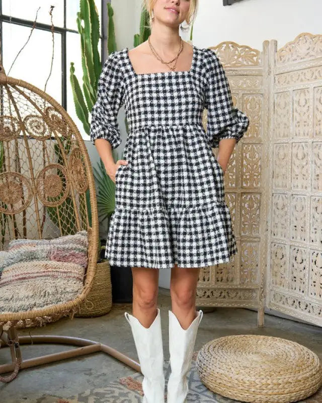 TWEED PUFF SLEEVE MINI DRESS JJD5023 - Dresses