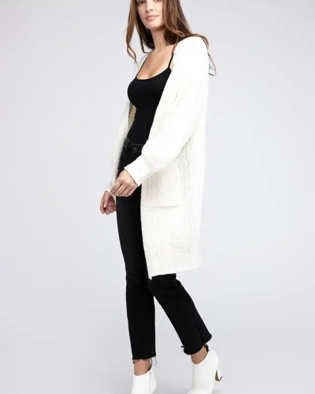 Twist Knitted Open Front Cardigan With Pockets