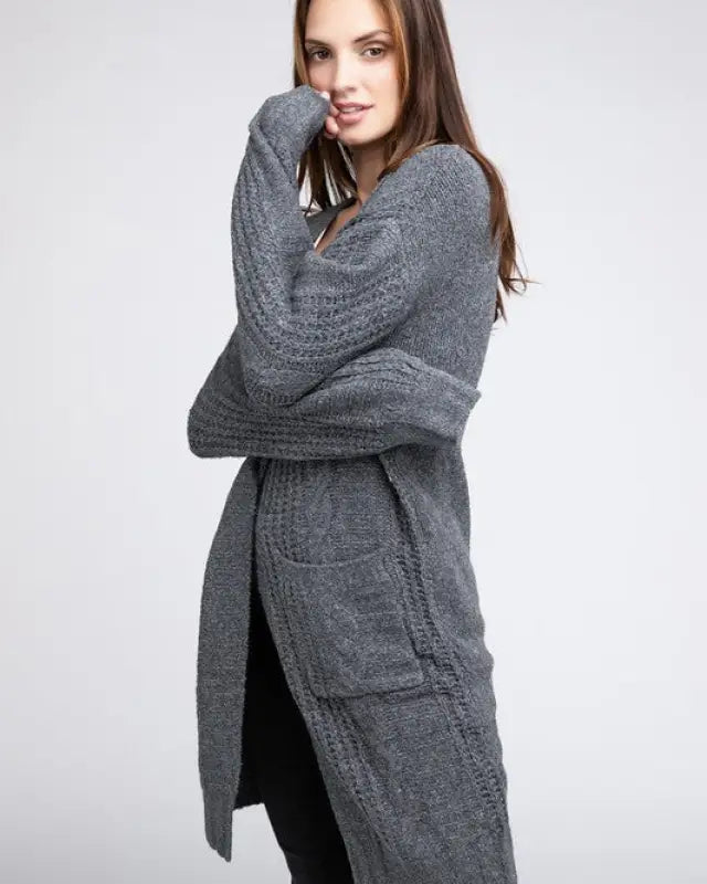 Twist Knitted Open Front Cardigan With Pockets