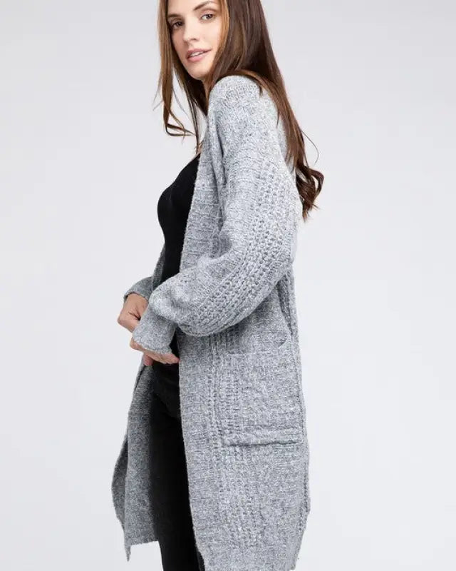 Twist Knitted Open Front Cardigan With Pockets