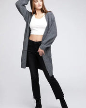 Twist Knitted Open Front Cardigan With Pockets