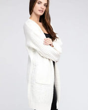 Twist Knitted Open Front Cardigan With Pockets