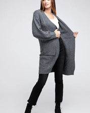 Twist Knitted Open Front Cardigan With Pockets