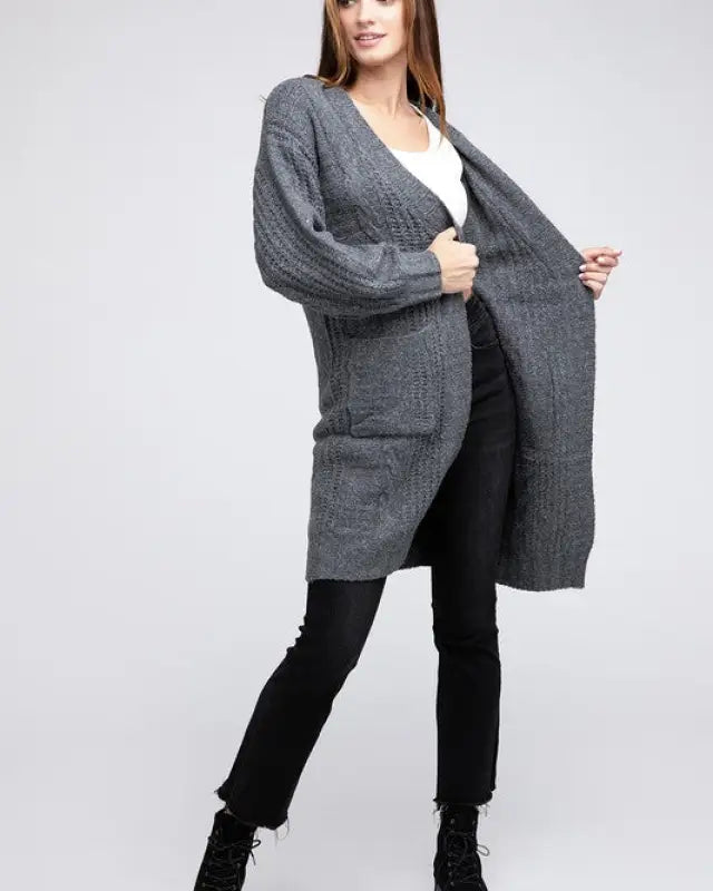 Twist Knitted Open Front Cardigan With Pockets