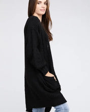 Twist Knitted Open Front Cardigan With Pockets