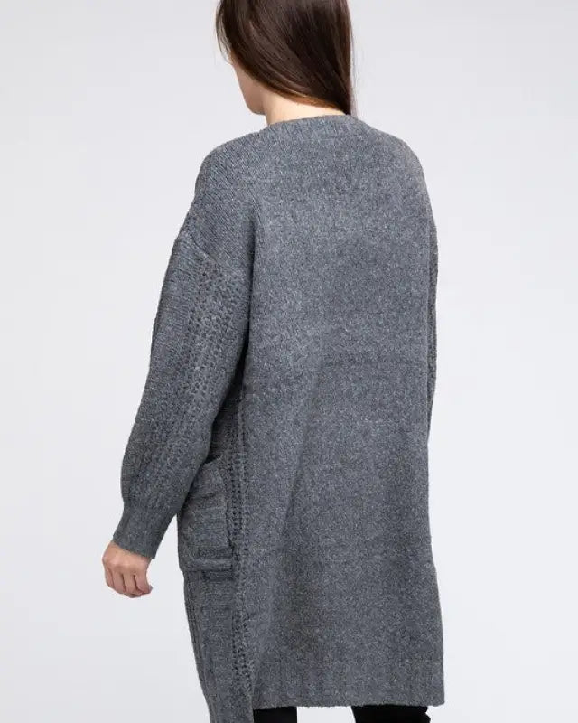 Twist Knitted Open Front Cardigan With Pockets