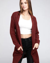 Twist Knitted Open Front Cardigan With Pockets