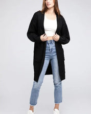 Twist Knitted Open Front Cardigan With Pockets