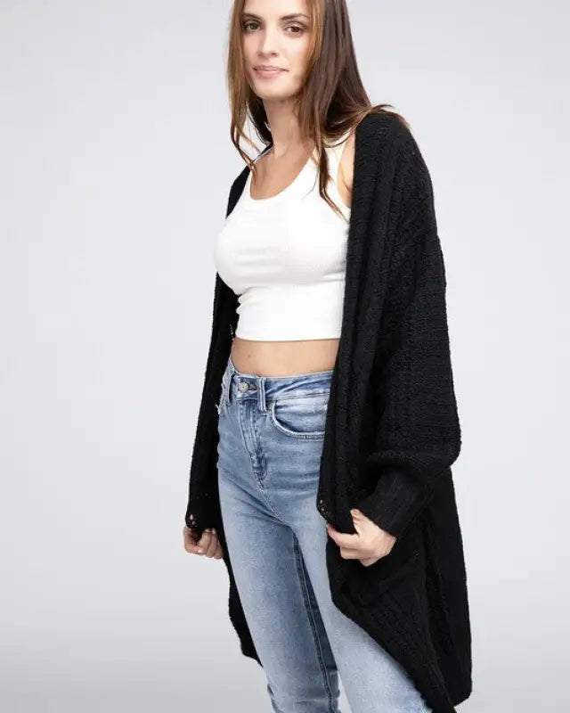 Twist Knitted Open Front Cardigan With Pockets