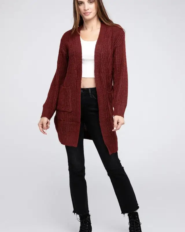 Twist Knitted Open Front Cardigan With Pockets