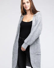 Twist Knitted Open Front Cardigan With Pockets